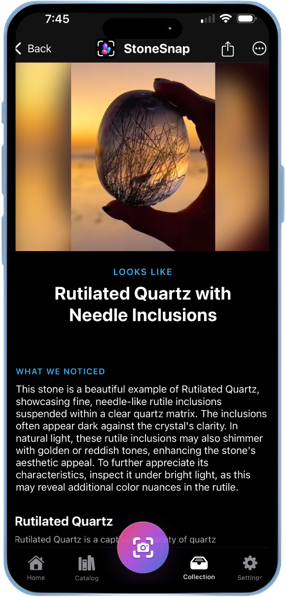 StoneSnap app showing Rutilated Quartz identification with detailed analysis of needle-like inclusions and crystal characteristics