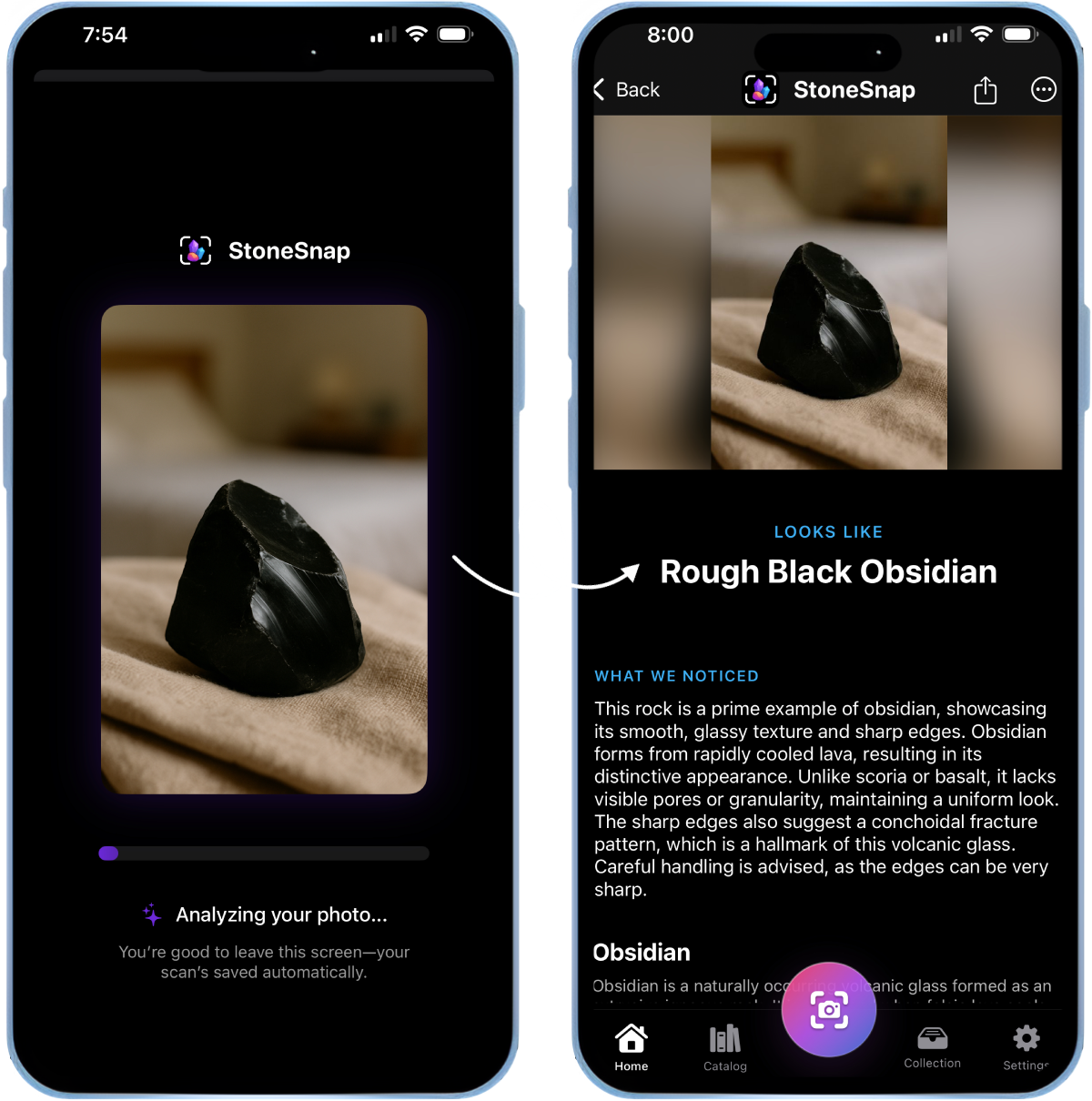 StoneSnap app showing scan interface and results side by side